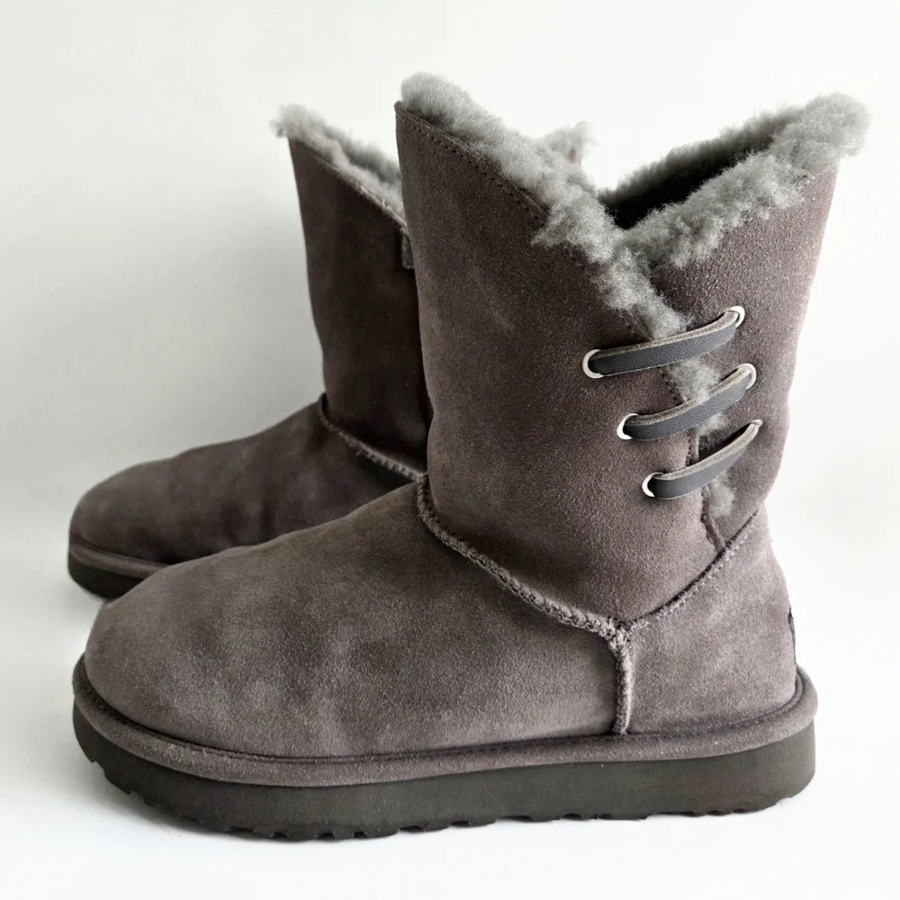 UGG Constantine Low Calf Shearling  & Leather Boots W/ Laced Side, Gray, Size 9